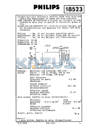 18523 datasheet - HALOGEN-QUENCHED RADIATION COUNTER TUBE