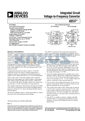 AD537 datasheet - Integrated Circuit Voltage-to-Frequency Converter