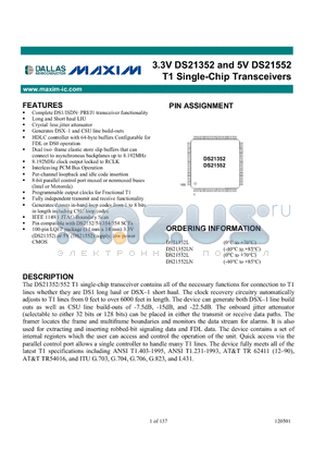 DS21352 datasheet - 3.3V DS21352 and 5V DS21552 T1 Single-Chip Transceivers