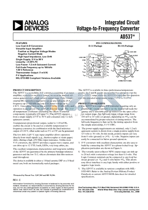 AD537JH datasheet - Integrated Circuit Voltage-to-Frequency Converter