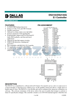 DS2143 datasheet - E1/ISDN-PRI framing transceiver