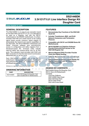 DS21448DK datasheet - 3.3V E1/T1/J1 Line Interface Design Kit Daughter Card