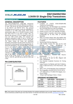 DS21354L datasheet - 3.3V/5V E1 Single-Chip Transceivers