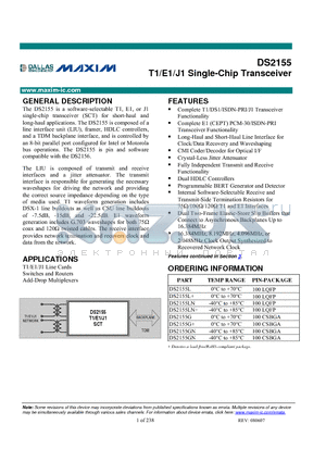 DS2155 datasheet - T1/E1/J1 Single-Chip Transceiver