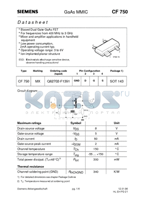 CF750 datasheet - GaAs MMIC (Biased Dual Gate GaAs FET)