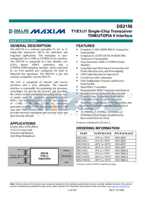 DS2156GN+ datasheet - T1/E1/J1 Single-Chip Transceiver TDM/UTOPIA II Interface