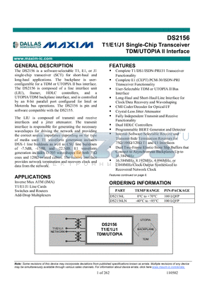 DS2156L datasheet - T1/E1/J1 Single-Chip Transceiver TDM/UTOPIA II Interface