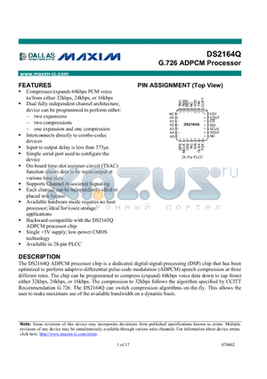 DS2164Q datasheet - G.726 ADPCM Processor