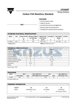 CFA0207 datasheet - Carbon Film Resistors, Standard