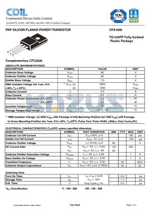 CFA1046GR datasheet - PNP SILICON PLANAR POWER TRANSISTOR