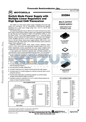 33394 datasheet - Switch Mode Power Supply with Multiple Linear Regulators and High Speed CAN Transcelver