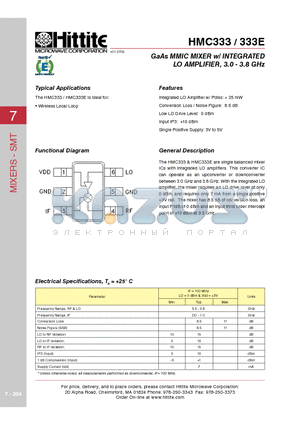 333E datasheet - GaAs MMIC MIXER w/ INTEGRATED LO AMPLIFIER, 3.0 - 3.8 GHz