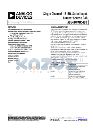 AD5410ACPZ datasheet - Single Channel, 16-Bit, Serial Input, Current Source DAC