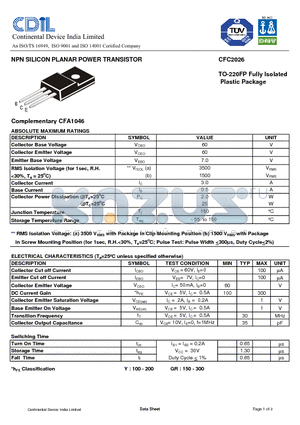 CFC2026Y datasheet - NPN SILICON PLANAR POWER TRANSISTOR