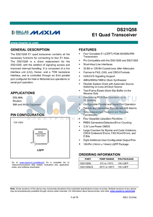 DS21Q58L datasheet - E1 Quad Transceiver
