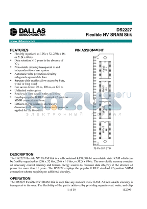 DS2227-70 datasheet - Flexible NV SRAM Stik