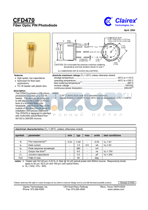 CFD470 datasheet - Fiber Optic PIN Photodiode