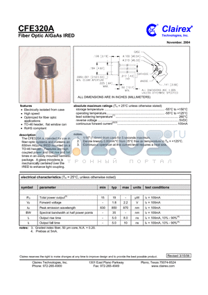 CFE320A datasheet - Fiber Optic AlGaAs IRED