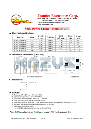 CSH1260S-2R5M datasheet - SMD Power Choke