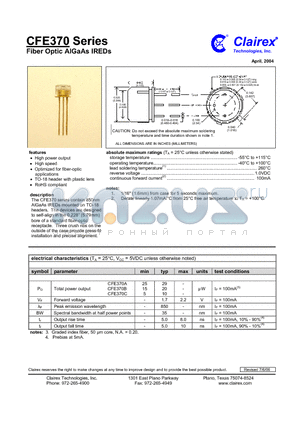 CFE370 datasheet - Fiber Optic AlGaAs IREDs