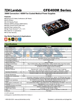 CFE400M datasheet - 300W Convection / 400W Fan Cooled Medical Power Supplies