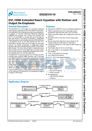 DS22EV5110 datasheet - DVI, HDMI Extended Reach Equalizer with Retimer and Output De-Emphasis