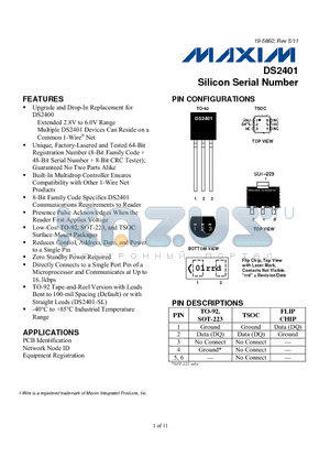 DS2401 datasheet - Silicon Serial Number Unique, Factory-Lasered and Tested 64-Bit