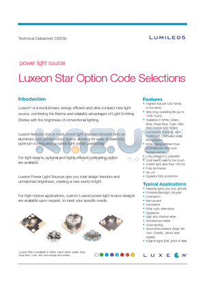 DS23A datasheet - power light source Luxeon Star Option Code Selections