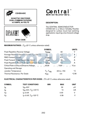 CSHD6-60C datasheet - SCHOTTKY RECTIFIER DUAL,COMMON CATHODE 6.0 AMPS, 60 VOLTS