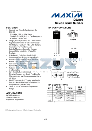 DS2401-SLT datasheet - Silicon Serial Number Unique, Factory-Lasered and Tested 64-Bit