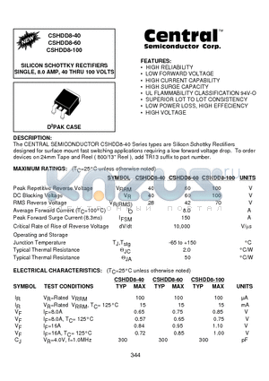 CSHDD8-60 datasheet - SILICON SCHOTTKY RECTIFIERS SINGLE, 8.0 AMP, 40 THRU 100 VOLTS