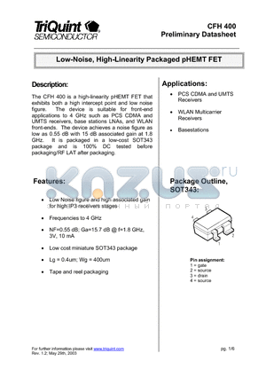 CFH400 datasheet - Low-Noise, High-Linearity Packaged pHEMT FET
