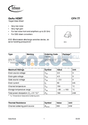 CFH77 datasheet - GaAs HEMT For low noise front end amplifiers up to 20 GHz