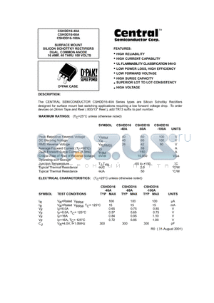 CSHDD16-40A datasheet - SURFACE MOUNT SILICON SCHOTTKY RECTIFIERS DUAL, COMMON ANODE 16 AMP, 40 THRU 100 VOLTS