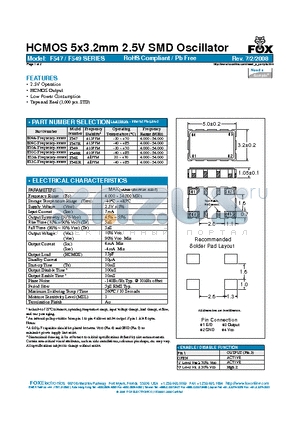 F547R datasheet - HCMOS 5x3.2mm 2.5V SMD Oscillator