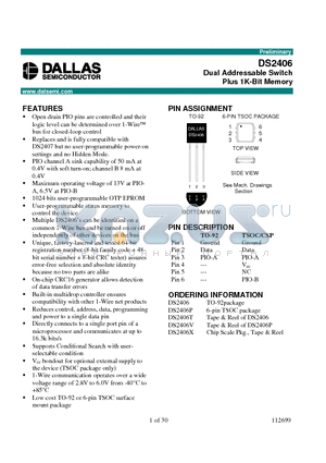 DS2406V datasheet - Dual Addressable Switch Plus 1K-Bit Memory