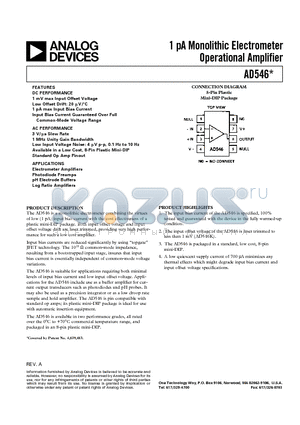 AD546K datasheet - 1 pA Monolithic Electrometer Operational Amplifier