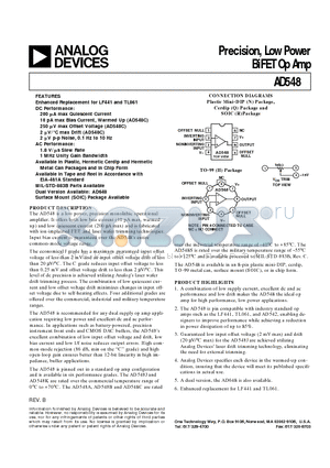 AD548A datasheet - Precision, Low Power BiFET Op Amp