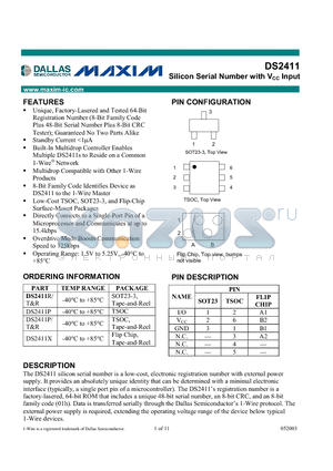 DS2411P/R datasheet - Silicon Serial Number with VCC Input