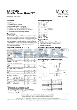 CFK2162-P1-000T datasheet - 0.8-1.0 GHz 34 dBm Power GaAs FET