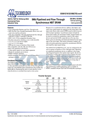 GS881Z18BGD-200IV datasheet - 9Mb Pipelined and Flow Through Synchronous NBT SRAM