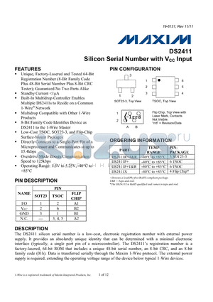 DS2411 datasheet - Silicon Serial Number with Vcc Input