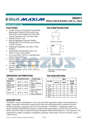 DS2411P datasheet - Silicon Serial Number with VCC Input