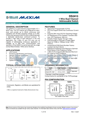 DS2413P+ datasheet - 1-Wire Dual Channel Addressable Switch