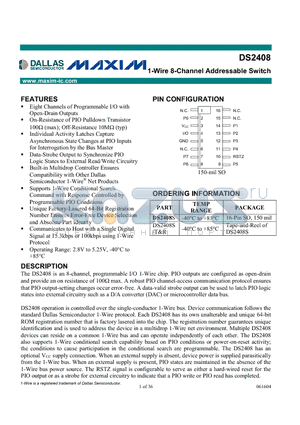 DS2408S datasheet - 1-Wire 8-Channel Addressable Switch