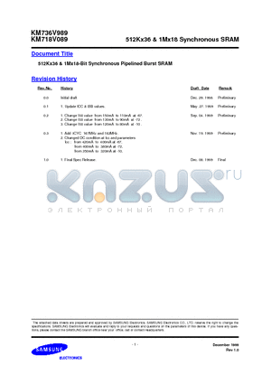 KM718V089 datasheet - 512Kx36 & 1Mx18 Synchronous SRAM