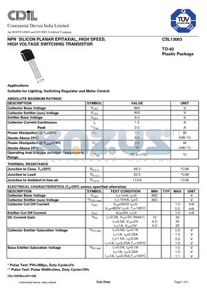 CSL13003E datasheet - NPN SILICON PLANAR EPITAXIAL, HIGH SPEED, HIGH VOLTAGE SWITCHING TRANSISTOR