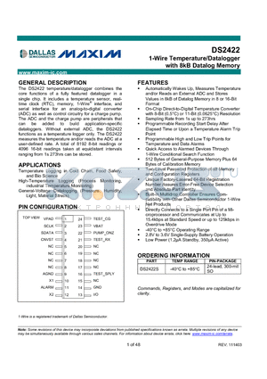 DS2422 datasheet - 1-Wire Temperature/Datalogger with 8kB Datalog Memory