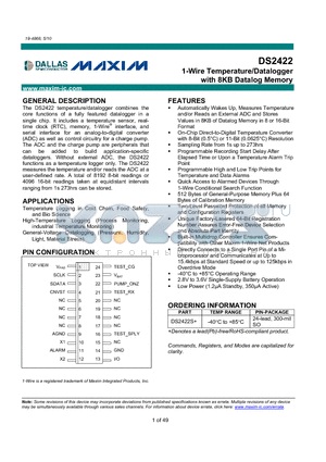 DS2422S datasheet - 1-Wire Temperature/Datalogger with 8KB Datalog Memory