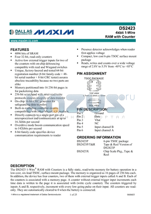 DS2423P datasheet - 4kbit 1-Wire RAM with Counter